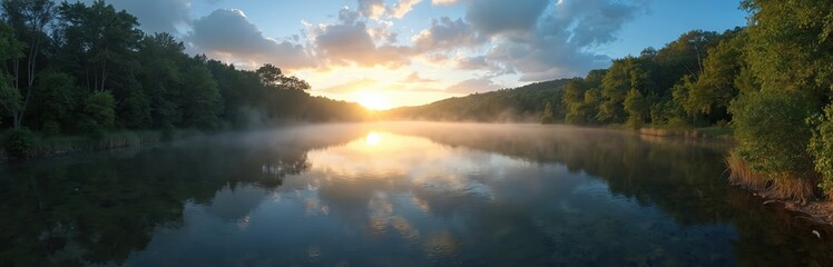 Sunrise mist drifts over calm lake water reflecting sky clouds and trees. Green forested hills border serene river at dawn. Gentle light breaks through mist creating peaceful morning atmosphere.