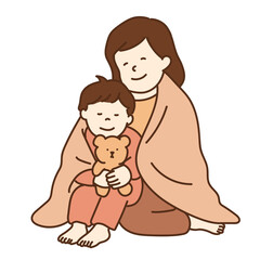 毛布にくるまる親子のイラスト