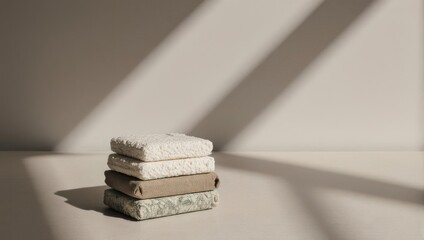 Stack of four artisanal soaps with natural ingredients and soft lighting.