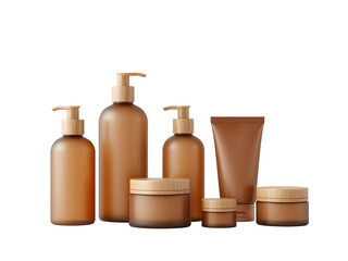 Set of various brown cosmetic bottles and jars with wooden caps, ideal for skincare and beauty products, presented on a white background