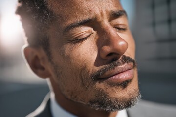 Obraz premium Close-up of businessman exhaling deeply in relief after completing a successful meeting.
