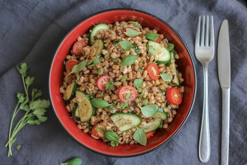 Delicious healthy grain bowl with fresh vegetables ready to eat from top view