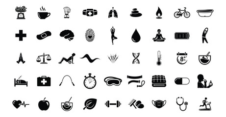 Collection of health and wellness icons representing medical care fitness and healthy lifestyle choices