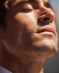 Obraz premium Close-up of businessman exhaling deeply in relief after completing a successful meeting.