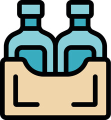 Two bottles standing inside cardboard box with handles, ideal for delivery or carrying, simple colored vector icon