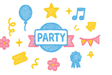 Colorful party decorations and symbols for a fun celebration, featuring balloons, stars, and music notes