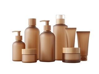 A collection of elegant, minimalist brown skincare bottles and jars, perfect for branding and product display