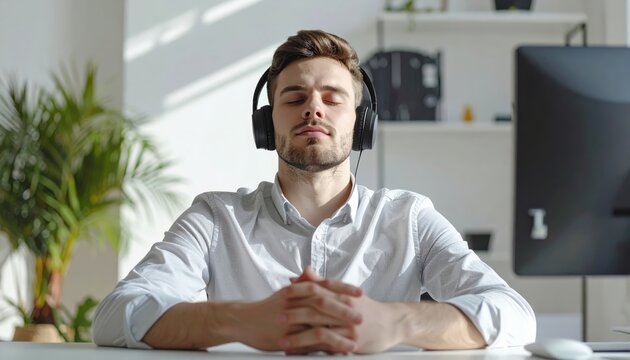 Businessman Practicing Mindfulness at Desk with Headphones in Sunlit Office, Wellness Break - Powered by Adobe
