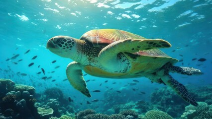 Sea Turtle Swimming Gracefully Through Coral Reef with School of Fish.