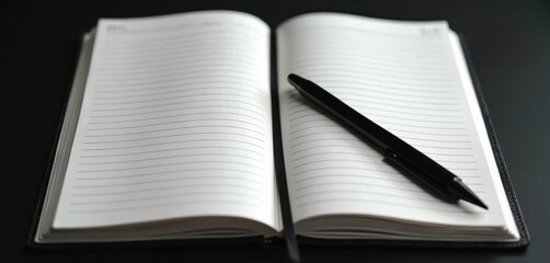 Open lined notebook with black pen. Blank pages ready for writing notes plans or ideas. Journaling business or personal diary for daily tasks and reminders.