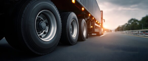 Close-up of heavy truck wheels positioned on the roadway surface