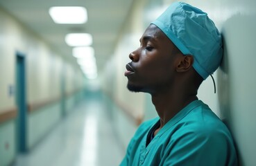 Healthcare worker in scrubs leans against hospital wall eyes closed. Tired man rests head, appears fatigued during intense shift. Doctor seeks brief quiet moment.