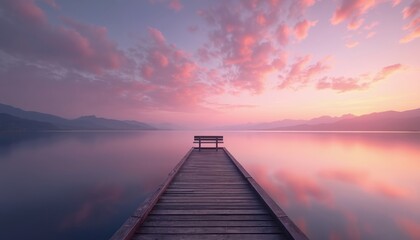 Naklejka premium Wooden pier with empty bench extends into calm lake at pink purple sunrise. Mountains and clouds reflect on still water surface. Serene natural landscape.