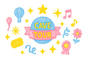 Colorful design promoting a fun cave tour with balloons, flowers, and stars in a playful style