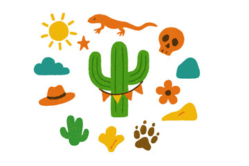 Colorful desert symbols including cacti, sunshine, and wildlife in a playful artistic style