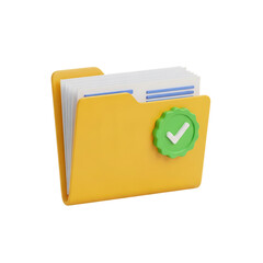 Yellow folder with documents and a green checkmark icon isolated on transparent background