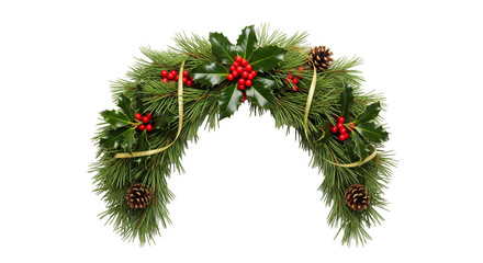 Arched Christmas Garland with Pinecones, Berries, and Gold Ribbon