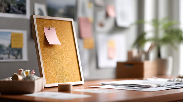 Stylish workspace featuring a corkboard with a note. Captures organization, creativity,  planning. Ideal for home office, project management, or inspiration concepts.