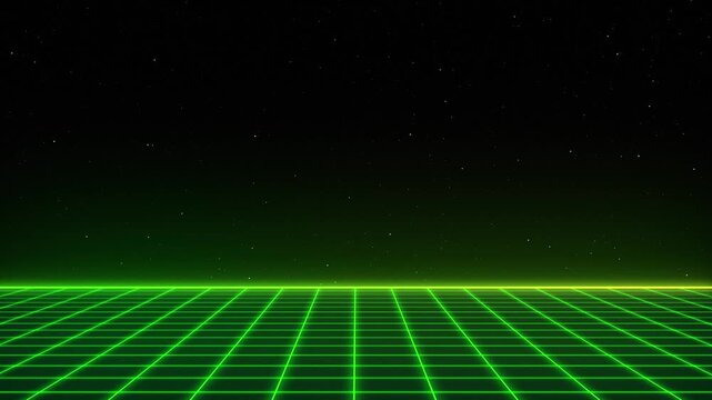 4K futuristic seamless 3D animation looping animation retro single neon grid synthwave style neon bright lime green color single mesh atmosphere on a dark background with stars 80s style