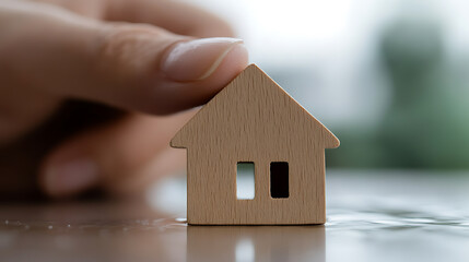 A wooden house miniature is being carefully placed by a human hand on a shiny table. The background is softly blurred, creating a sense of warmth and security.