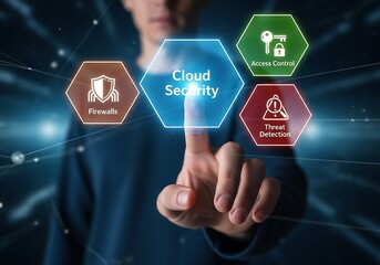 Cloud security concept with a person touching a digital interface, highlighting threat detection, access control, and firewall protection for secure data management