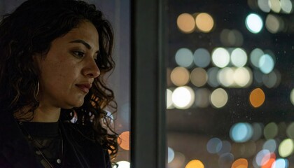 Pensive woman at night window with city bokeh — loneliness, homesickness and reflection