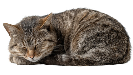 a tranquil tabby cat sleeping peacefully in a curled position on a transparent background