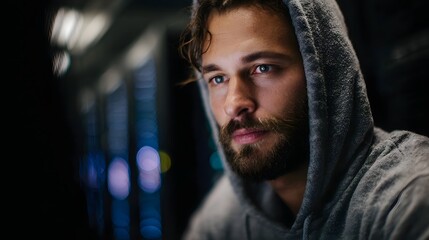 A man in a grey hoodie intently observes a dark bokeh lit scene conveying deep thought