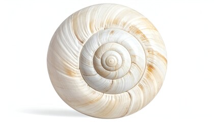 A detailed close-up of a perfectly intact, spiral-shaped, light-colored seashell