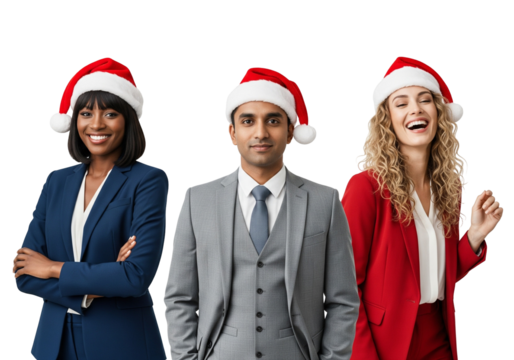 Corporate Team in Santa Hats Celebrating the Holidays on White Background