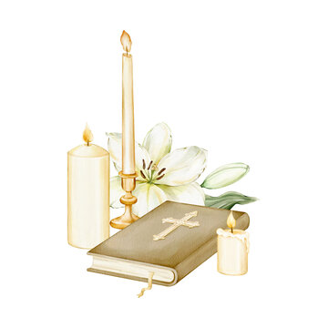 Watercolor composition with Bible, burning candles and white lilies, isolated religious illustration. Perfect for devotional prints, memorial and confirmation cards, church stationery, religious decor