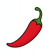 The image displays a bright red chili pepper with a green stem, featuring a smooth, elongated shape. It symbolizes heat and flavor in cuisine.