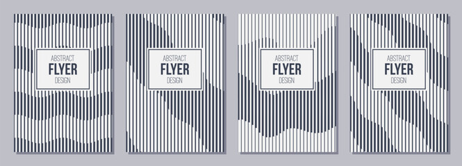 Set of flyers, posters, banners, placards, brochure design templates A6 size. Graphic design templates with black vertical stripes, lines. Wavy texture. Vector black and white striped backgrounds.