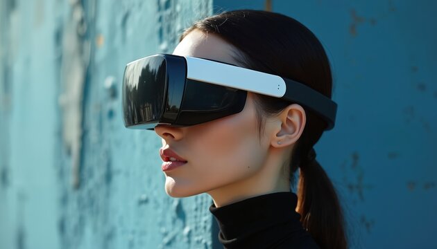 Young woman wears futuristic augmented reality glasses. She looks ahead, exploring digital world. Tech headset is stylish accessory for modern person in virtual reality. - Powered by Adobe