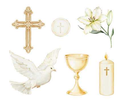 Christian clipart set: dove, gold chalice, cross, white lily, burning candle and Eucharistic host. Isolated watercolor elements. Religious kit. Ideal for First Communion, baptism, church designs