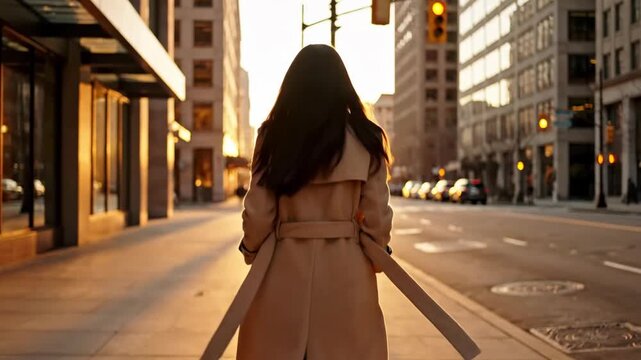 Young woman walking on city street at sunset. Professional female entrepreneur enjoying urban lifestyle. Urban business woman in coat footage.