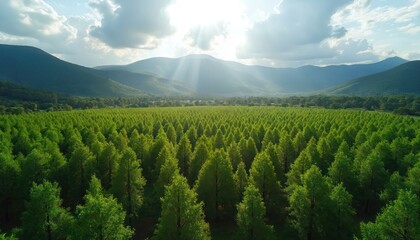 Fototapeta premium Vast plantation of uniform green trees stretches towards distant blue mountains under a bright sky. Sunlight beams through clouds, illuminating the orderly rows of foliage in this expansive landscape.