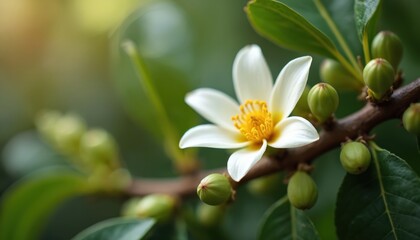 White coffee flower blooms with yellow center on branch with green leaves and buds. Soft light creates peaceful atmosphere for natural botany scene.