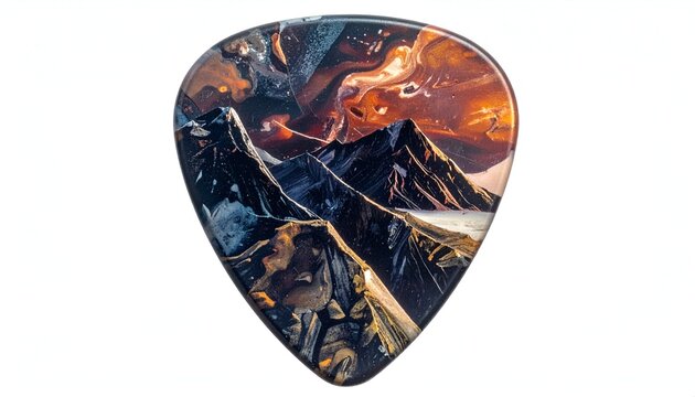 A guitar pick with a mountain range scene, swirling colors, and a pearlescent finish