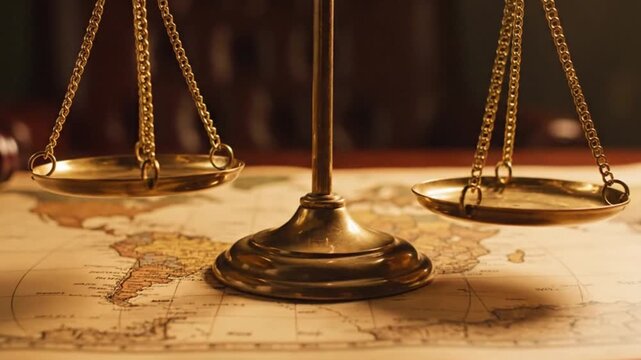 Scales of justice gently swaying over an ancient map, representing legal concepts and global justice