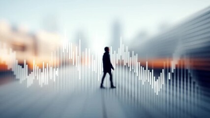 Person walking with blurred city background and digital stock market graph overlay showing fluctuating financial trend analysis in modern urban market environment during sunset light - Powered by Adobe