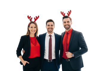 Business Team in Festive Attire with Reindeer Antlers on White Background