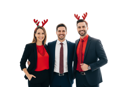 Business Team in Festive Attire with Reindeer Antlers on White Background
