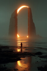 Lone Traveler Before Ancient Portal on a Shattered World – Epic Sci-Fi Fantasy Scene