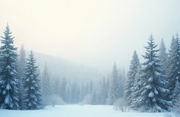Obraz premium Snow covered fir trees in a frosty forest landscape. Light mist and soft diffused sunlight create a tranquil winter scene. Fresh snow blankets the ground and branches. Cold season nature beauty.