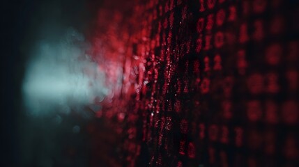 A digital display shows red code or binary data against a dark background with a futuristic glow and abstract patterns