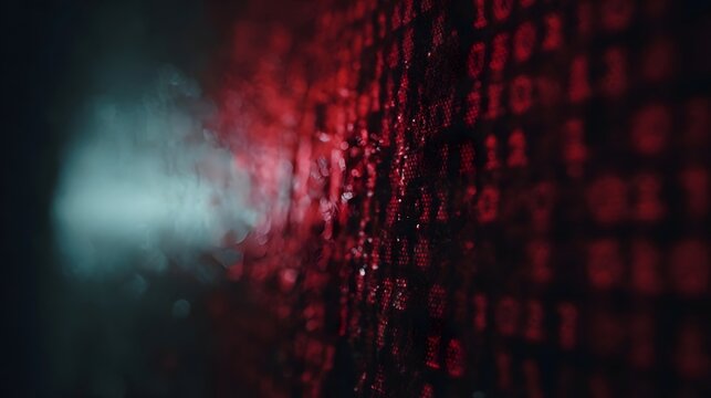 A digital display shows red code or binary data against a dark background with a futuristic glow and abstract patterns