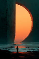 Lone Traveler Before Ancient Portal on a Shattered World – Epic Sci-Fi Fantasy Scene