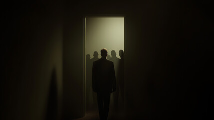 A man stands in a dimly lit doorway, a group of figures behind him. The setting is mysterious, with a play of shadows and light creating an atmosphere of intrigue & anticipation.
