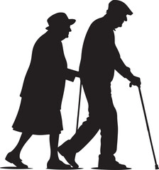 Elderly couple walking with canes, senior care silhouette icon vector illustration isolated on a white background